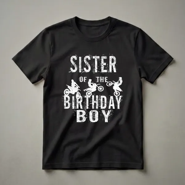 Black t-shirt with white distressed text reading "Sister of the Birthday Boy" and three white silhouettes of motocross riders on dirt bikes.