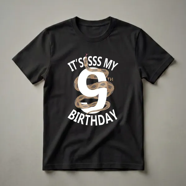 Black t-shirt with a large white number 9, a brown and grey snake coiled around it, and white text reading 'IT'S SSSS MY BIRTHDAY'.