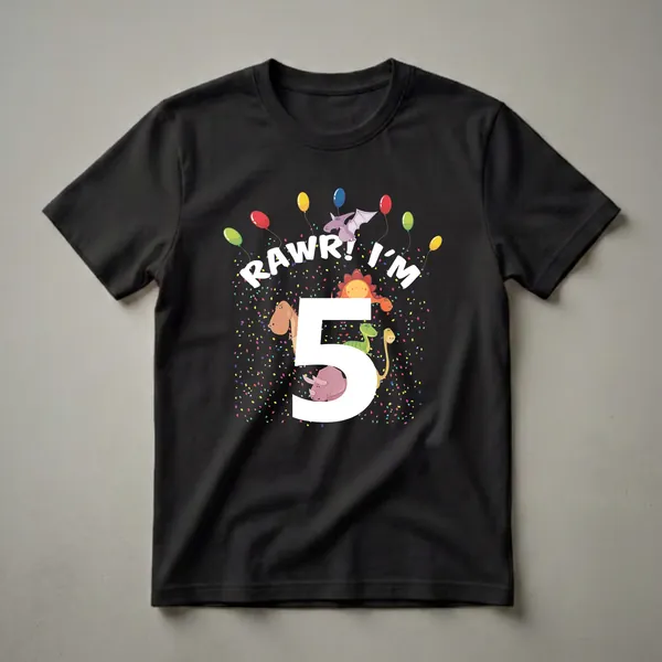 Black t-shirt with a "Rawr! I'm 5" graphic featuring cartoon dinosaurs like a T-Rex, Triceratops, and Pterodactyl, colorful balloons, and confetti.