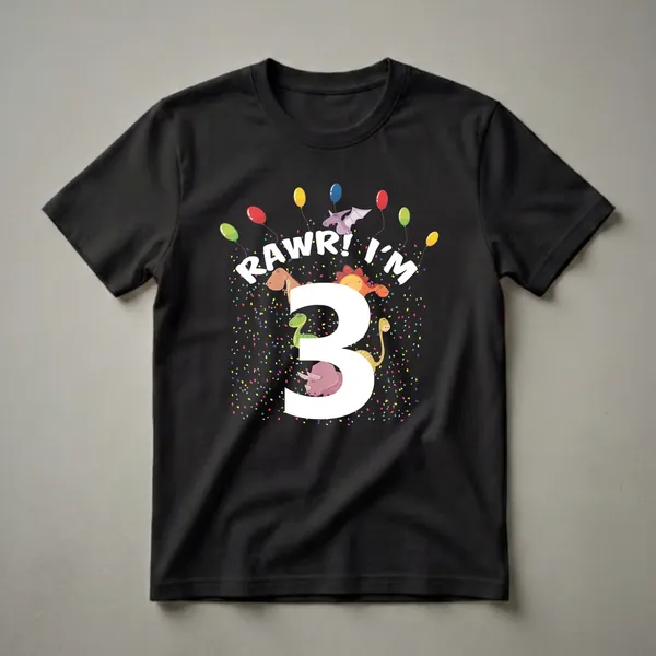 Black t-shirt with a large white number '3' surrounded by cartoon dinosaurs, colorful balloons, and confetti. Text reads 'Rawr I'm 3'.