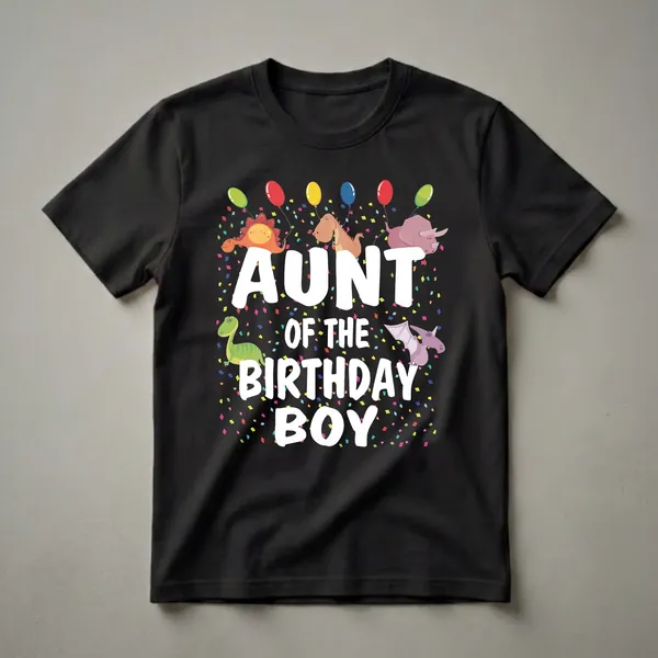 Black t-shirt with white text 'Aunt Of The Birthday Boy' surrounded by colorful cartoon dinosaurs and balloons, with confetti scattered throughout the design.
