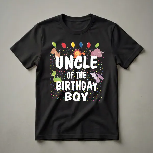 Black t-shirt with white text 'UNCLE OF THE BIRTHDAY BOY' surrounded by cartoon dinosaurs, colorful balloons, and confetti.