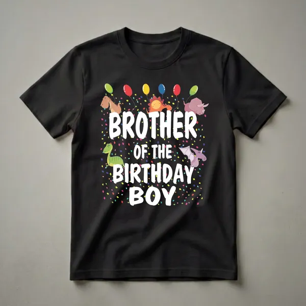 Black t-shirt with white text 'Brother of the Birthday Boy' surrounded by cartoon dinosaurs, colorful balloons, and confetti.