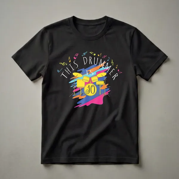 Black t-shirt featuring a graphic of a yellow drum set with the number 10 on the bass drum, surrounded by colorful abstract shapes and musical notes.