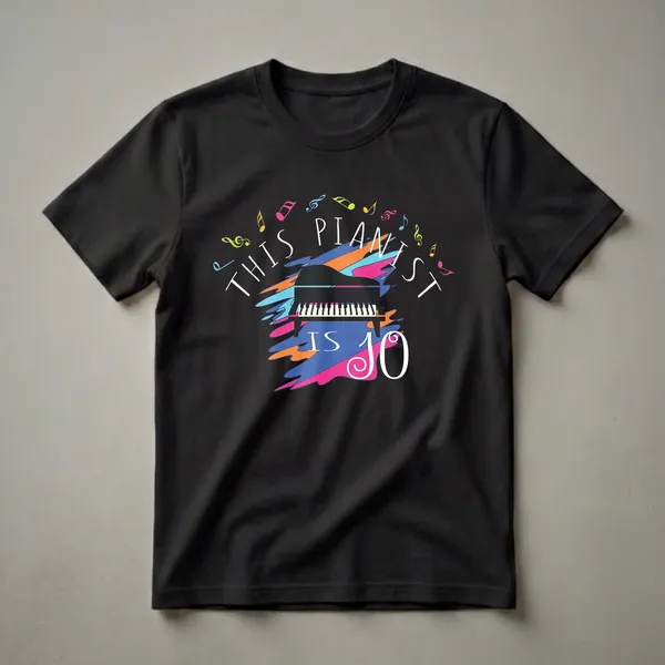 Black t-shirt with a graphic design that says "THIS PIANIST IS 10" featuring a grand piano, colorful abstract paint splatters, and musical notes.