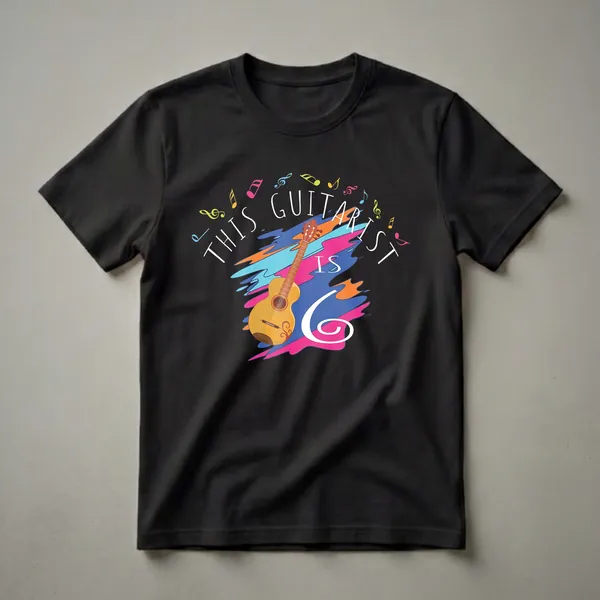 Black t-shirt featuring a yellow acoustic guitar, colorful abstract paint splatters, musical notes, and the text 'THIS GUITARIST IS 6' in white.