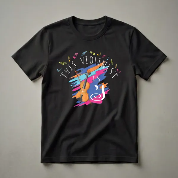 Black t-shirt with a graphic design featuring an orange violin, bow, colorful abstract shapes, musical notes, and the text 'This Violinist Is 4' for a 4th birthday.