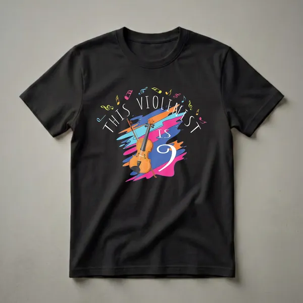 Black t-shirt featuring a graphic design for a 9th birthday, with a violin, colorful abstract shapes, musical notes, and the text 'THIS VIOLINIST IS 9'.