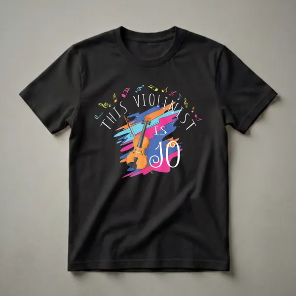 Black t-shirt with a graphic design celebrating a 10th birthday for a violinist, featuring a colorful violin, musical notes, and text.