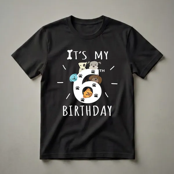 Black t-shirt with a white graphic that reads 'IT'S MY 6TH BIRTHDAY' and features a large number 6 surrounded by cartoon dog faces and paw prints.