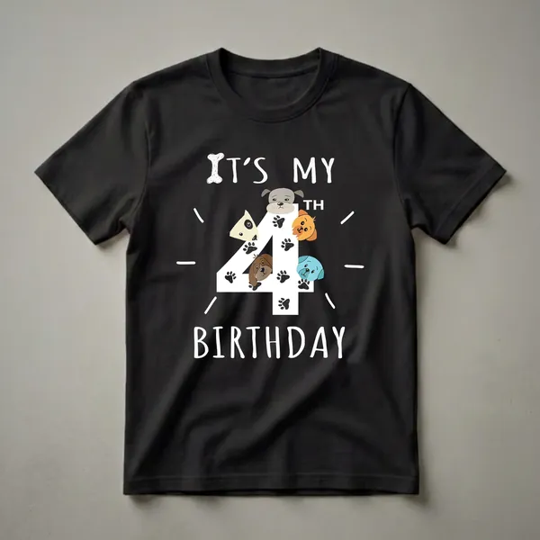 Black t-shirt featuring a large white number 4 with paw prints and five cartoon puppy faces peeking out, with 'IT'S MY' above and 'BIRTHDAY' below.