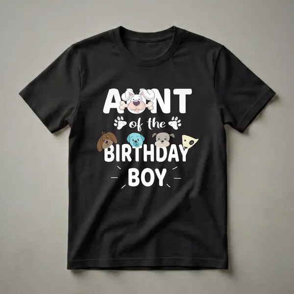Black t-shirt with white text "Aunt of the Birthday Boy" and cartoon dogs and paw prints.