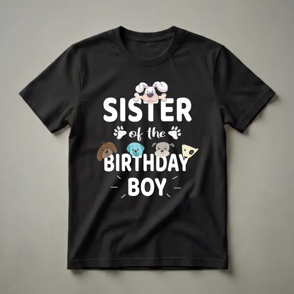 Black t-shirt with white text 'Sister of the Birthday Boy' and cartoon dog faces, paw prints, and a dog holding a bone.