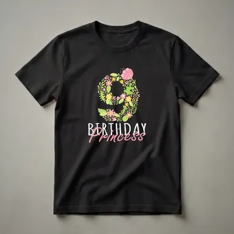 9th Birthday Princess Floral Graphic T-Shirt for Girls