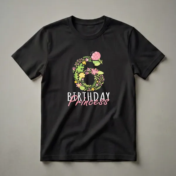 Black t-shirt featuring a large, stylized number 6 composed of colorful pink, yellow, and green flowers and leaves, with the words 'BIRTHDAY Princess' below in white and pink text.