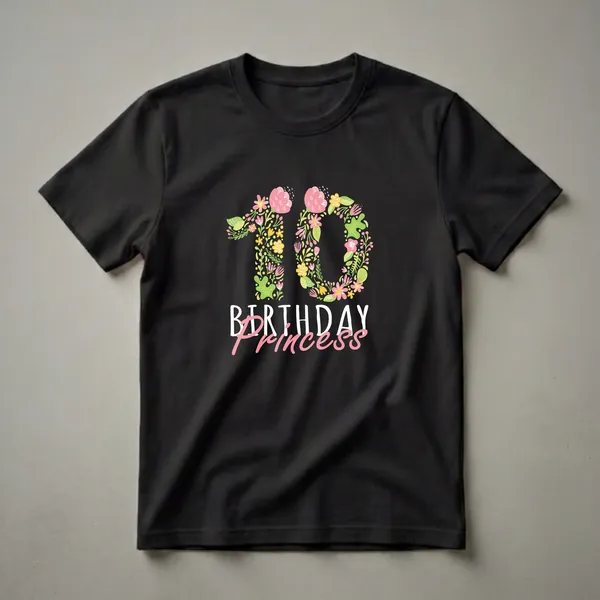 Black t-shirt featuring a large floral number 10 in pink, yellow, and green, with the words 'BIRTHDAY Princess' below in white and pink script.