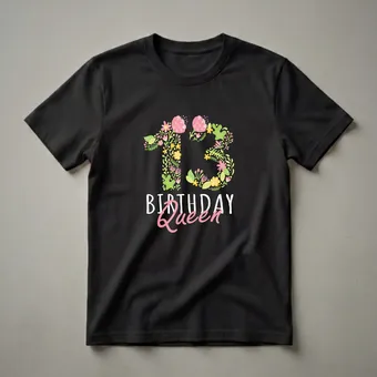 13th Birthday Queen Floral Graphic T-Shirt for Girls Turning 13