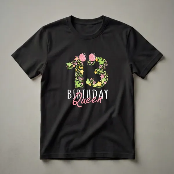 Black t-shirt featuring a large floral number 13 in pink, yellow, and green, with the words 'BIRTHDAY Queen' below in white and pink.