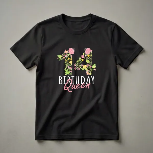 Black t-shirt featuring a floral design that forms the number 14, with the words BIRTHDAY Queen below in white and pink text.