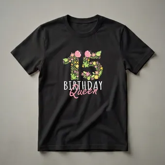 15th Birthday Queen Floral Graphic T-Shirt for Girls Turning 15