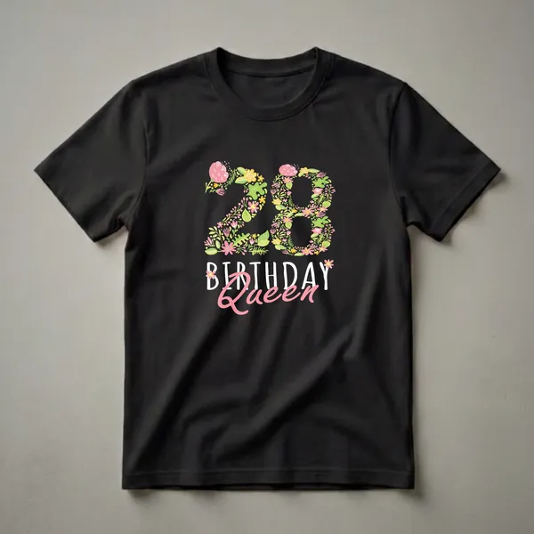 Black t-shirt featuring the number 28 formed by pink, yellow, and green flowers and leaves, with 'BIRTHDAY Queen' text below.