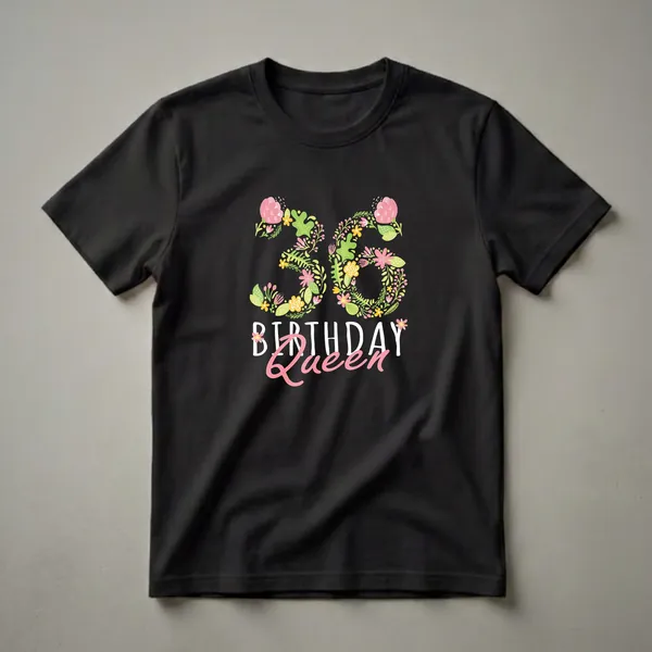 Black t-shirt featuring the number 36 formed by pink and yellow flowers and green leaves, with 'BIRTHDAY Queen' text below in white and pink.