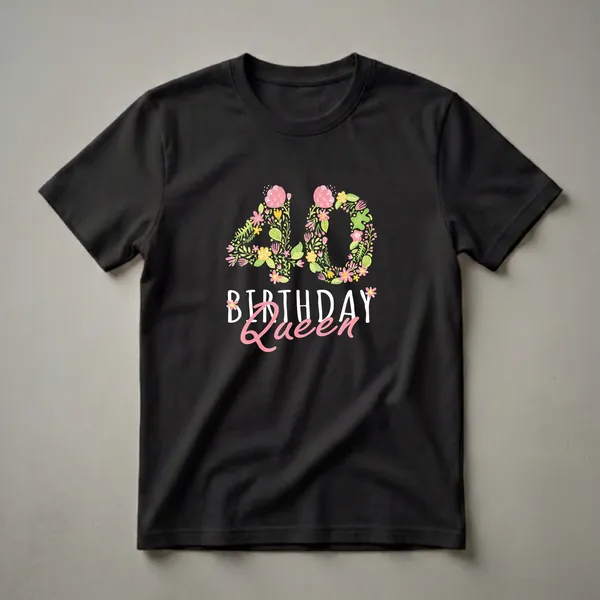 Black t-shirt with a floral design forming the number 40 above the words Birthday Queen in white and pink script.
