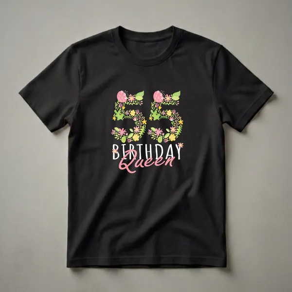 Black t-shirt featuring the number 55 in a floral design with pink and yellow flowers and green leaves, above the words BIRTHDAY Queen in white and pink text.