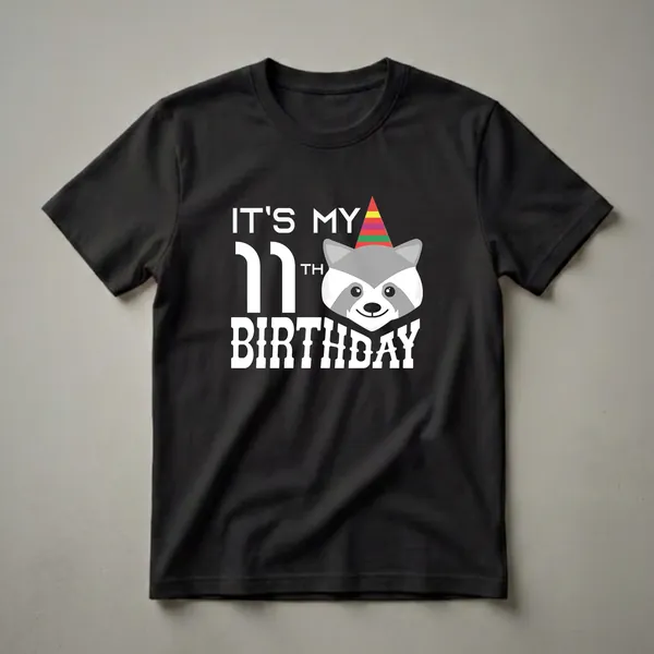 Black t-shirt with white text reading "IT'S MY 11th BIRTHDAY" and a cartoon raccoon wearing a colorful party hat.