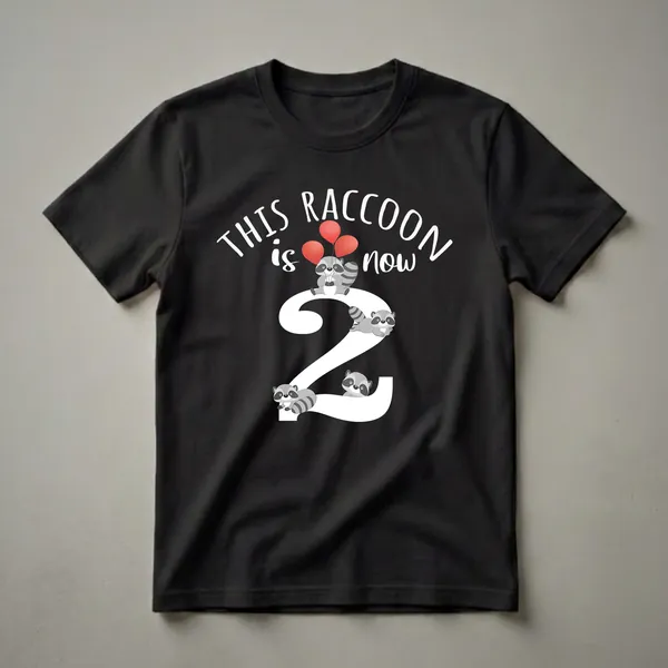 Black t-shirt with a graphic design that reads 'THIS RACCOON is now 2' featuring cartoon raccoons and red balloons.
