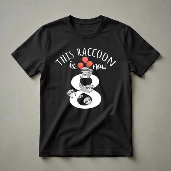 Black t-shirt featuring a white graphic with the text 'THIS RACCOON is now 8' and cartoon raccoons holding red balloons around the number 8.
