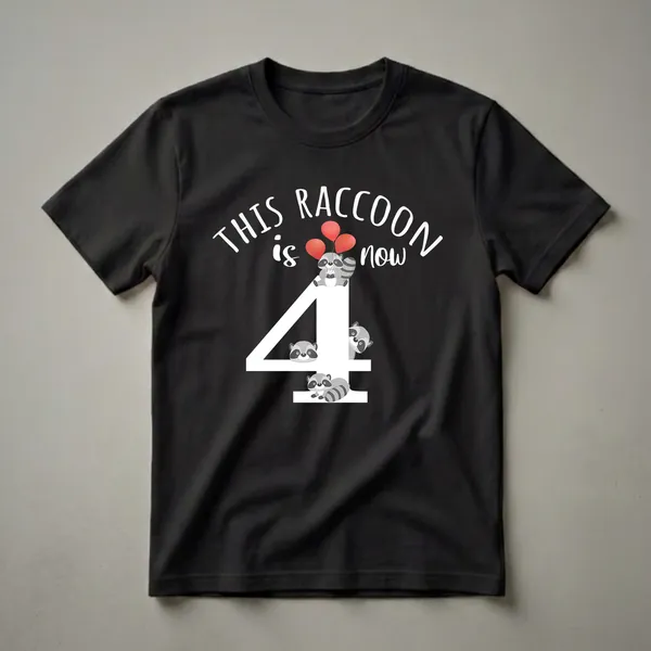Black t-shirt with a white graphic that reads 'This Raccoon is Now 4' featuring a large number 4, three red balloons, and four cartoon raccoons.