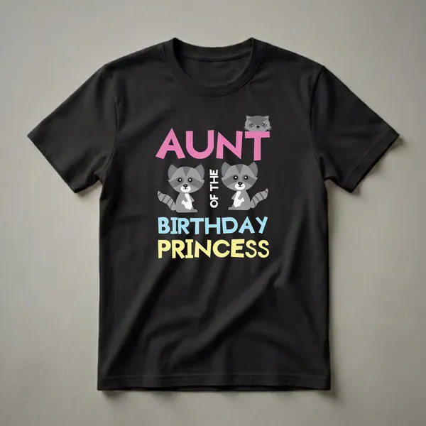 Black t-shirt with pink 'AUNT', white 'OF THE', blue 'BIRTHDAY', and yellow 'PRINCESS' text, accompanied by three cartoon raccoons.