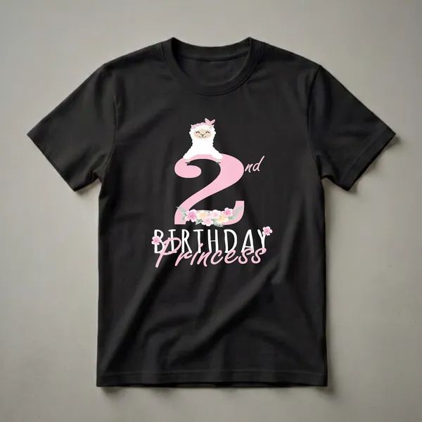 Black t-shirt featuring a pink number '2' with a cartoon llama wearing a pink polka dot bandana sitting on top, surrounded by flowers and the words '2nd Birthday Princess'.