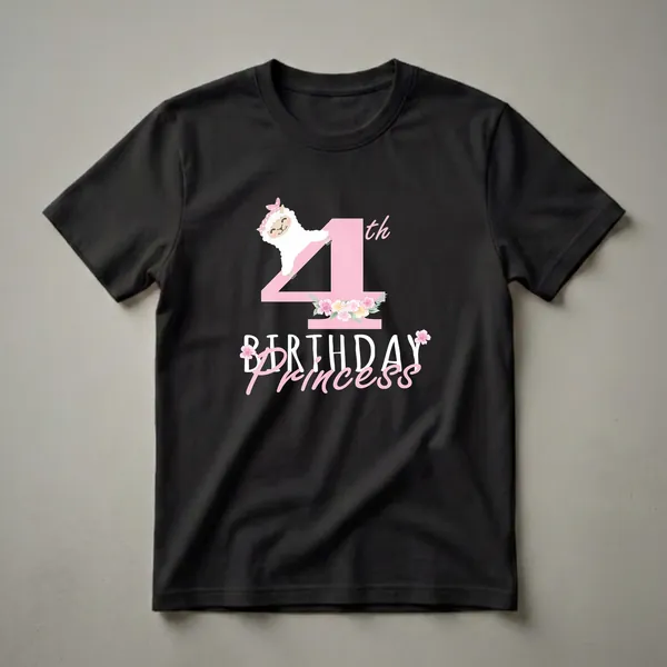 A black t-shirt featuring a pink number 4 with a cartoon llama wearing a pink polka dot bandana, surrounded by flowers, and the words 'BIRTHDAY PRINCESS'.
