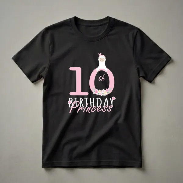 Black t-shirt featuring a large pink number 10 with floral decorations and a cute white llama wearing a pink bandana, with the text 'Birthday Princess' below.