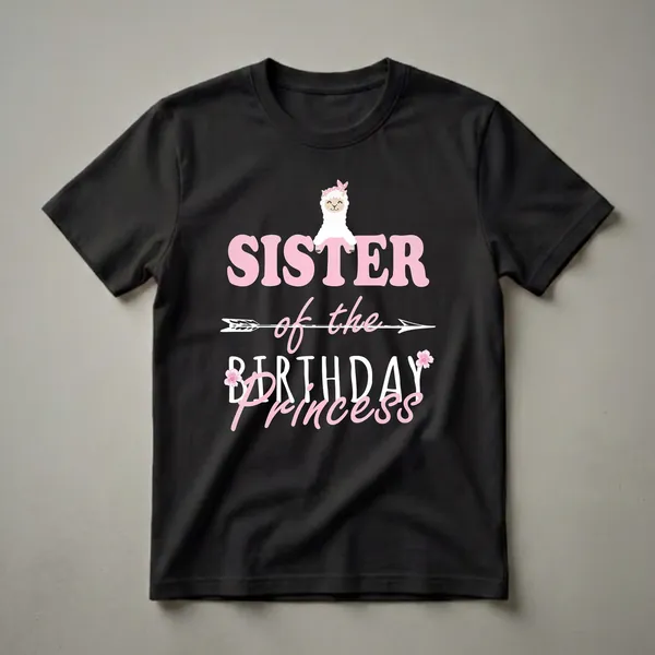 Black t-shirt with pink text 'SISTER of the BIRTHDAY PRINCESS' and a graphic of a smiling llama wearing a pink bandana and polka dots, with floral accents.