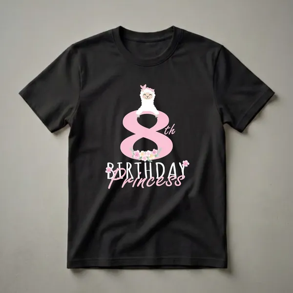 Black t-shirt featuring a pink number 8 with a cartoon llama wearing a pink polka dot bandana sitting on top, surrounded by flowers and the words 'Birthday Princess'.