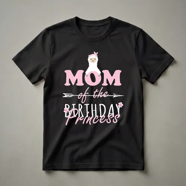 Black t-shirt featuring a cartoon llama wearing a pink polka dot bandana, with pink and white text that reads 'MOM of the BIRTHDAY PRINCESS' and floral accents.