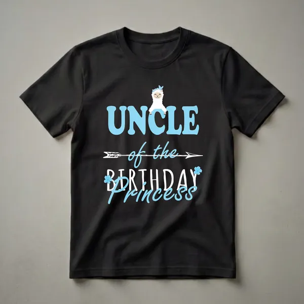 Light blue and white graphic t-shirt with the text "UNCLE of the BIRTHDAY PRINCESS" and a cartoon llama wearing a bandana.