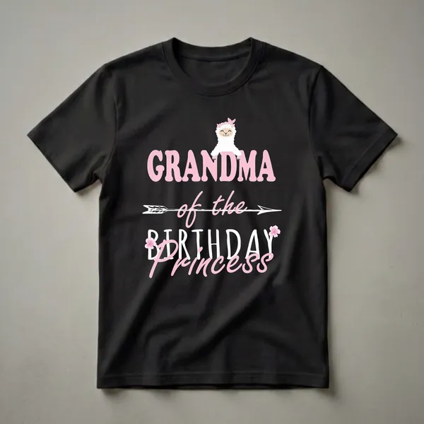 Black t-shirt with pink and white text that reads 'Grandma of the Birthday Princess' and a graphic of a smiling llama wearing a pink polka dot bandana.