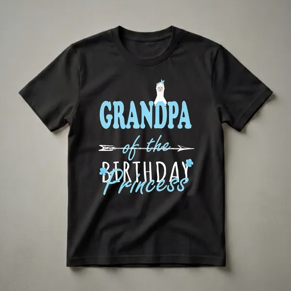 Light blue and white graphic t-shirt featuring a llama and text that reads 'Grandpa of the Birthday Princess'.