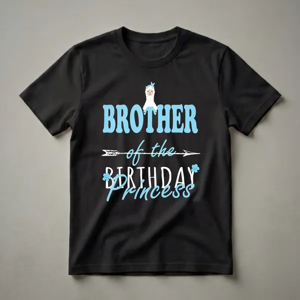 Black t-shirt with 'Brother of the Birthday Princess' text and a cartoon llama wearing a bandana.