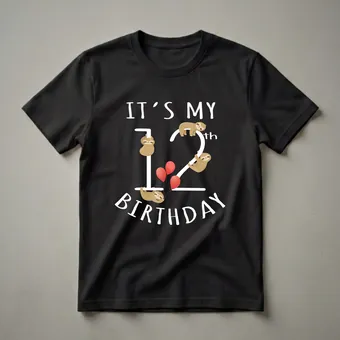 It's My 12th Birthday Sloth Graphic T-Shirt for Kids
