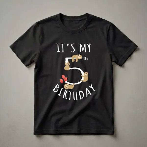 Black t-shirt with white text and graphics for a 5th birthday, featuring a large number 5 decorated with four sloths and three red balloons.