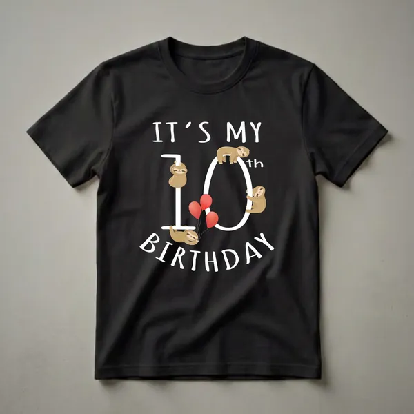 Black t-shirt with white text "IT'S MY BIRTHDAY" and a large white number 10, adorned with four cartoon sloths and three red balloons.