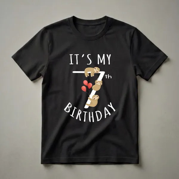 Black t-shirt with a white graphic that includes the text 'IT'S MY BIRTHDAY', a large number 7, three cartoon sloths, and three red balloons.