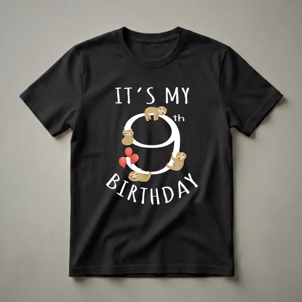 Black t-shirt with white text 'IT'S MY BIRTHDAY' and a large white number 9, decorated with four cartoon sloths and red balloons.