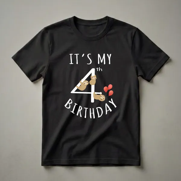 Black t-shirt with a white graphic that says 'IT'S MY 4th BIRTHDAY' with three sloths hanging on the number 4 and red balloons.