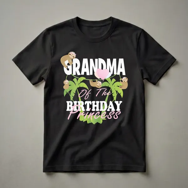 Black t-shirt featuring white and pink text that reads 'Grandma Of The Birthday Princess', with cartoon sloths hanging from vines, palm trees, and pastel balloons.